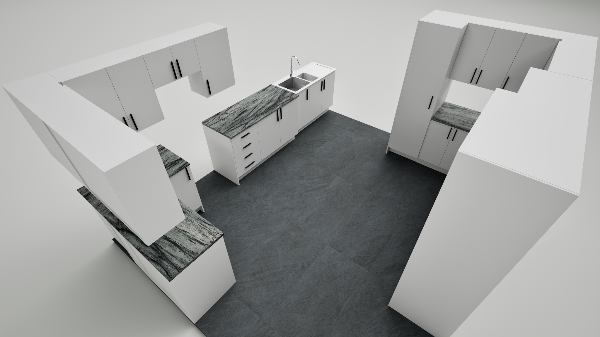 3D design rendering of Jay's white melamine kitchen