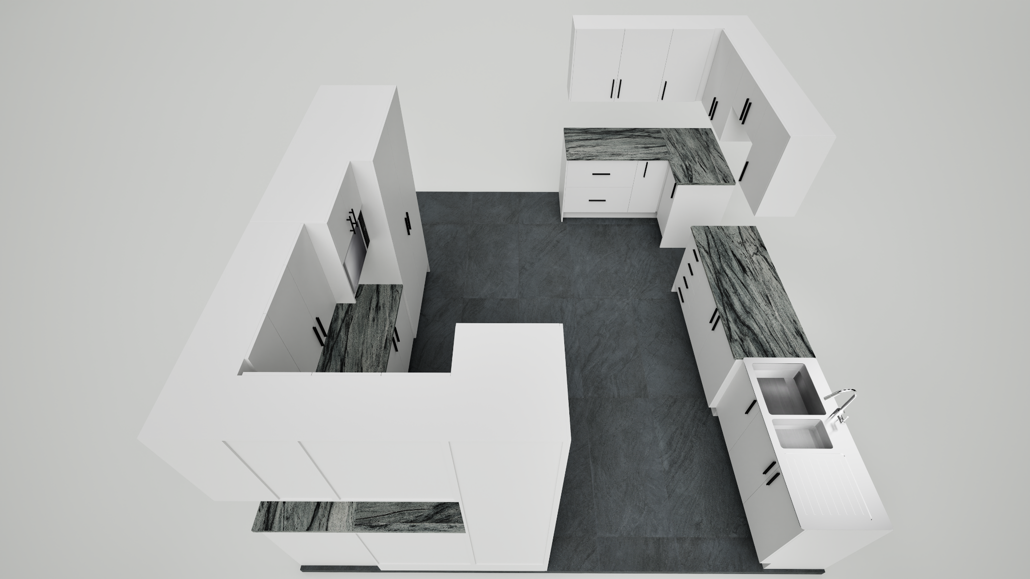 Overhead 3D rendering showing the full Jay Kitchen layout
