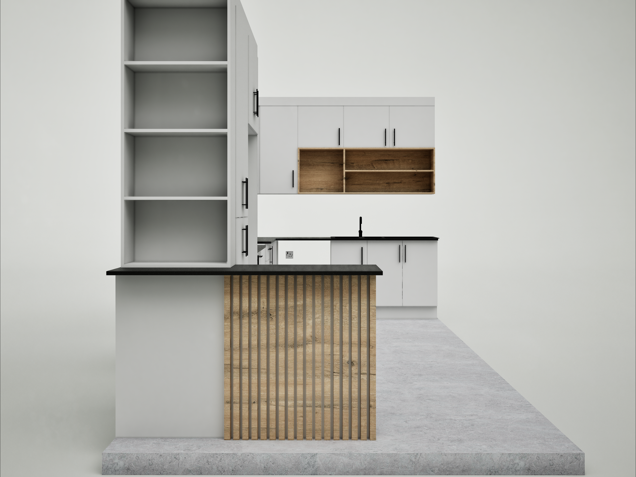 3D design rendering of Londi's two-tone kitchen and small island