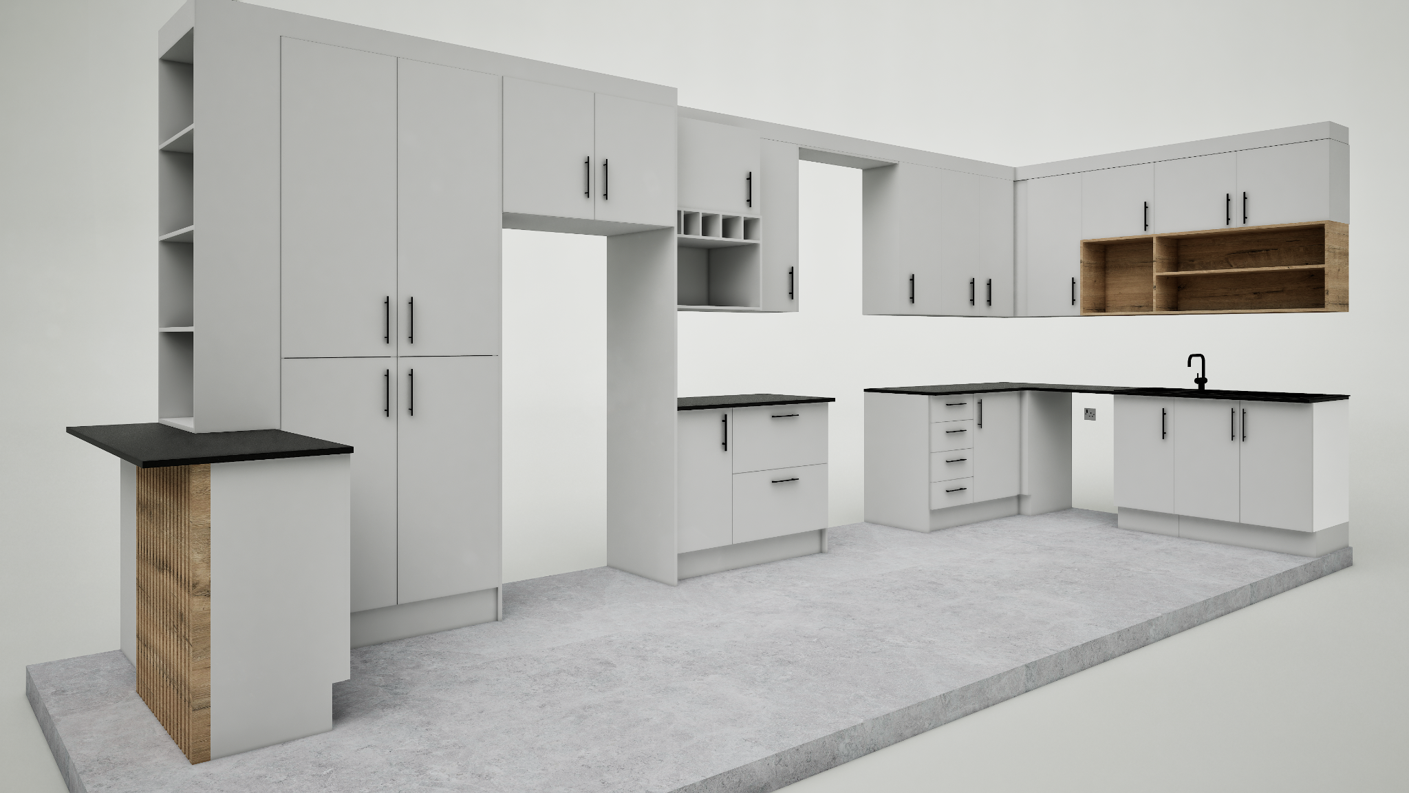 Wide 3D rendering showing the full Londi's Kitchen cabinetry layout