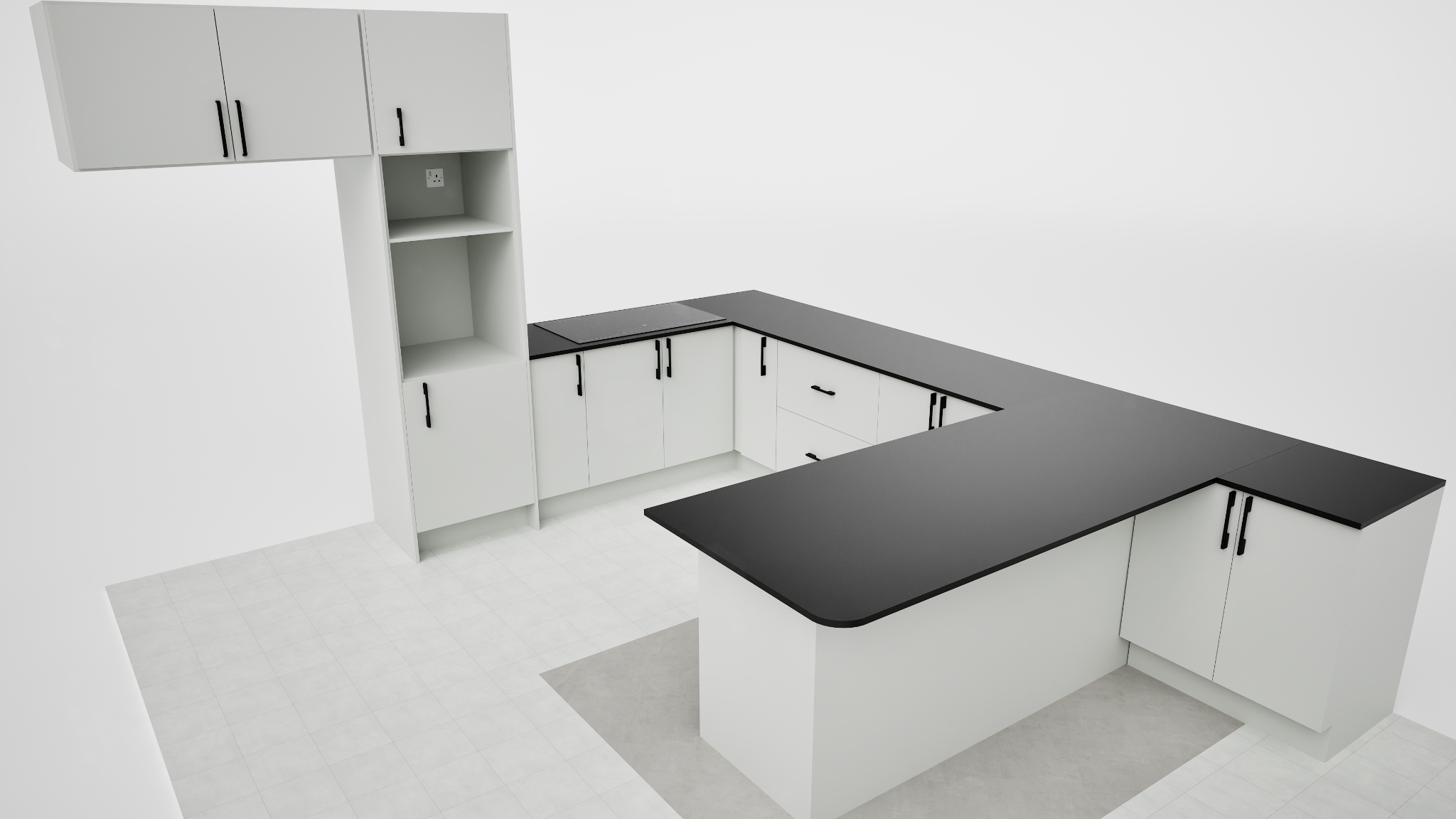 Full 3D design rendering of Mona's two-stage Folkstone Grey kitchen with black quartz countertops